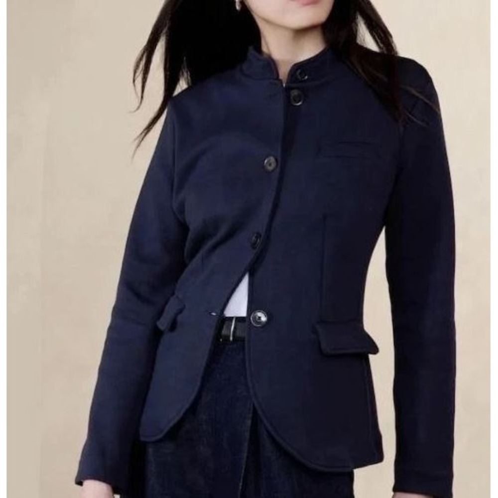 Banana Republic Preppy Pique Knit Navy Blazer Women's Small Military Band Collar